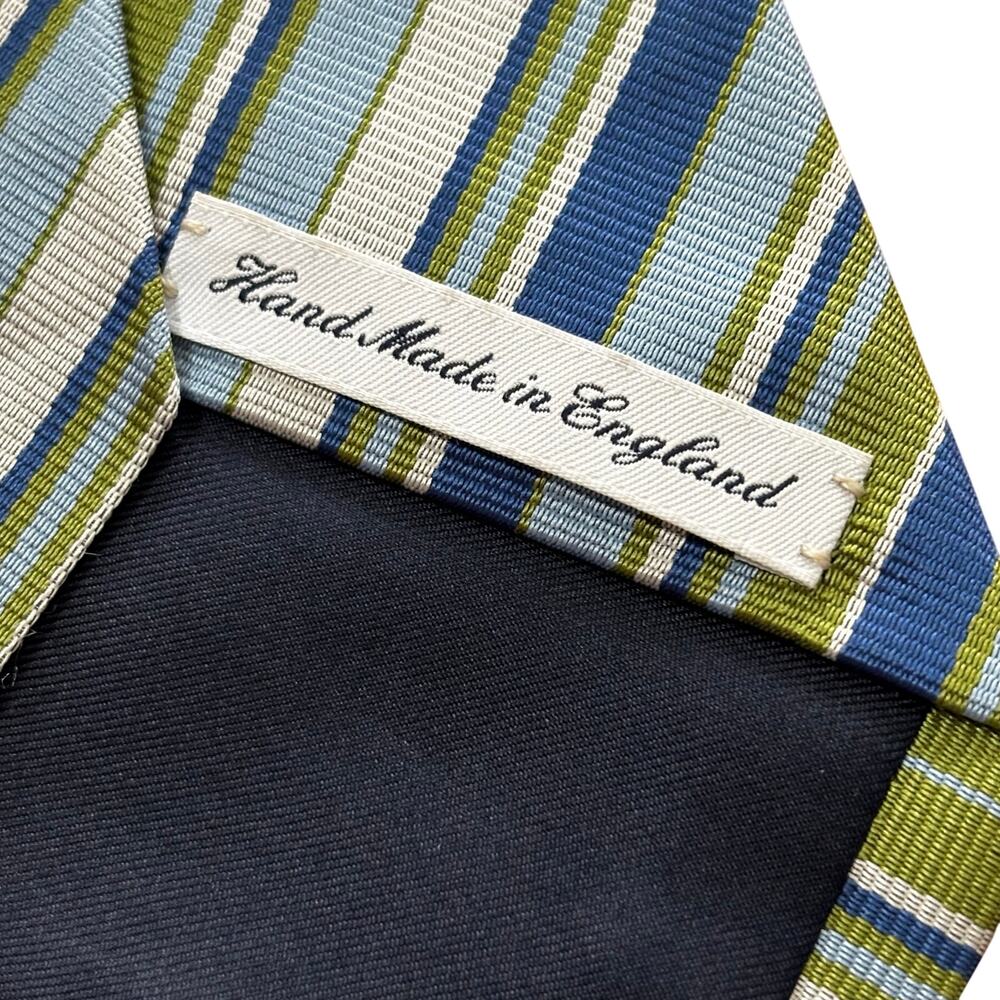Vintage Burberry London long silk necktie green blue stripe hand made in England - Picture 7 of 13